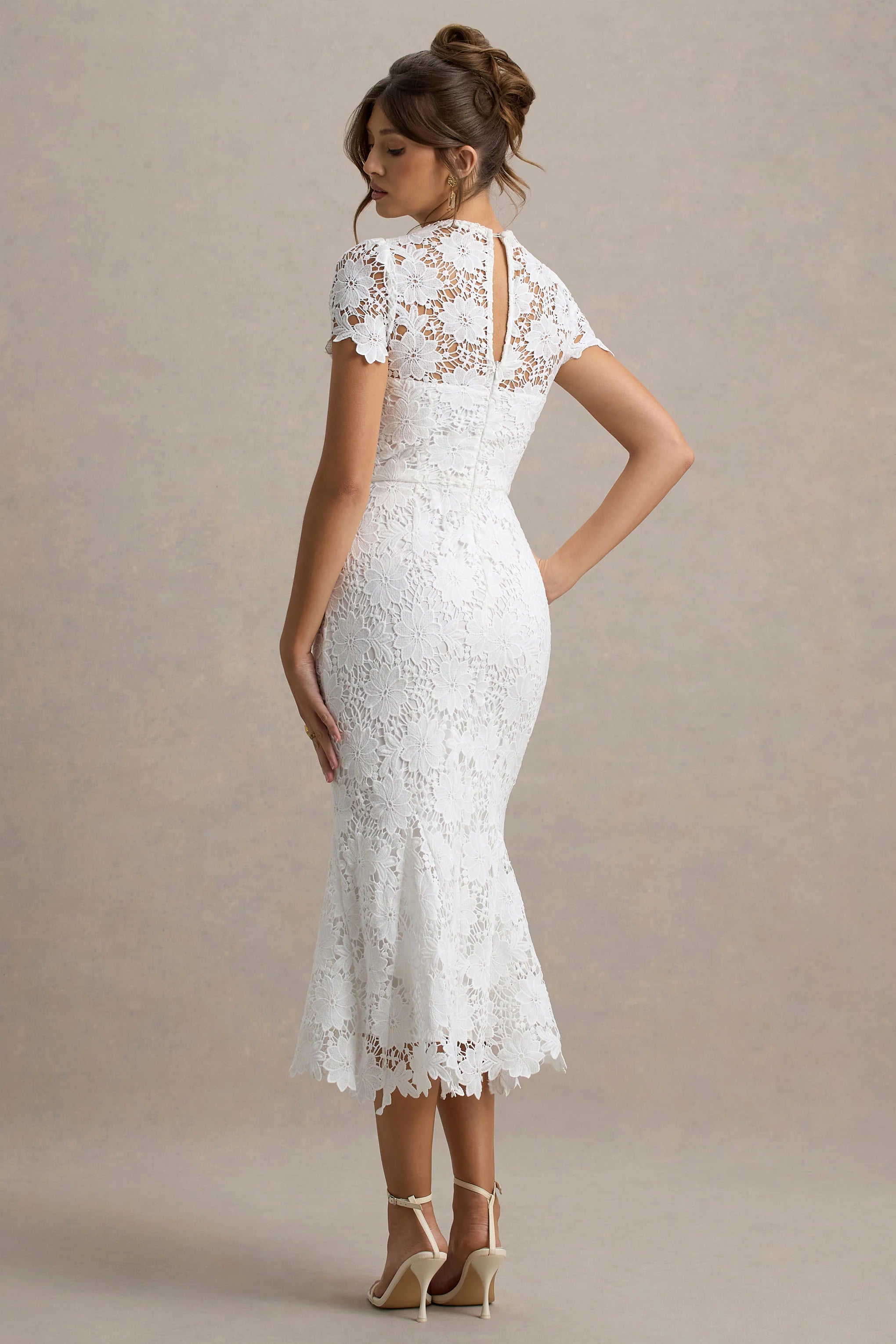 Clarissa White Lace Short Sleeve Midi Dress