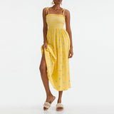 Women Floral Embroidered Maxi Dress Sleeveless Tie Shoulder Smocked Flowy Dress Boho Summer Sundresses with Pockets