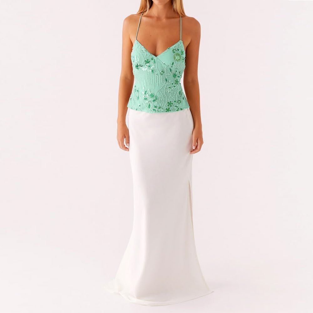 Women Sequin Beaded Cami Top V Neck Backless Criss Cross Straps Crop Tops Summer Going Out Clubwear
