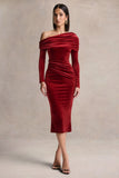 Eirene Red Velvet Asymmetric Neck Midi Dress