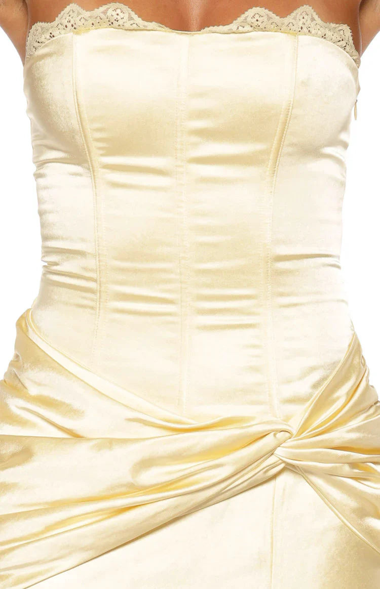 Sasha Yellow Ruched Twist Satin Maxi Dress PRE ORDER