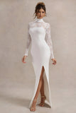 Arden White High Neck Split Maxi Dress With Lace Sleeves
