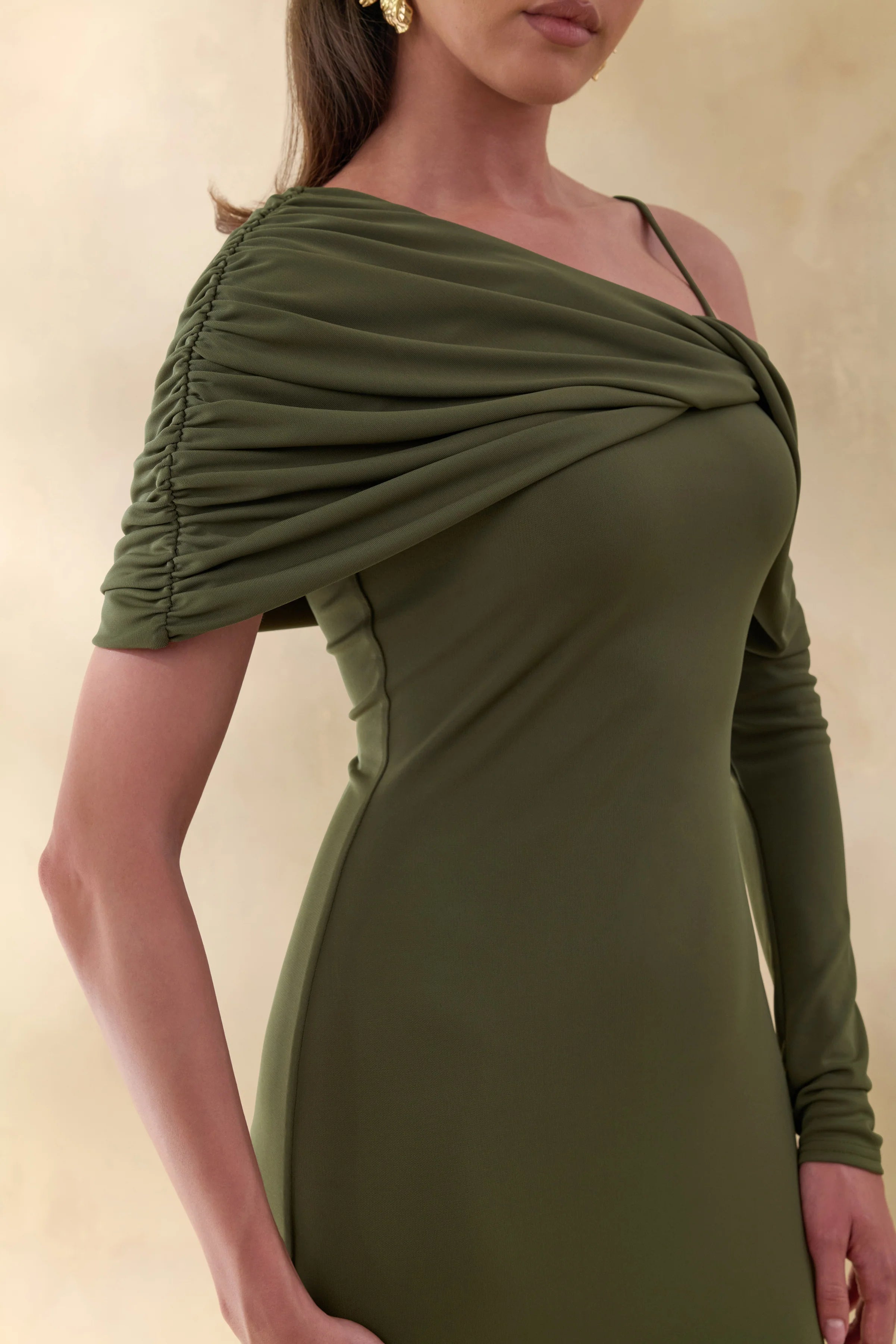 Silvaria Olive Twisted Asymmetric Neck Maxi Dress