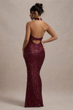 On The Rise Berry Sequin High Neck Strappy Back Split Maxi Dress