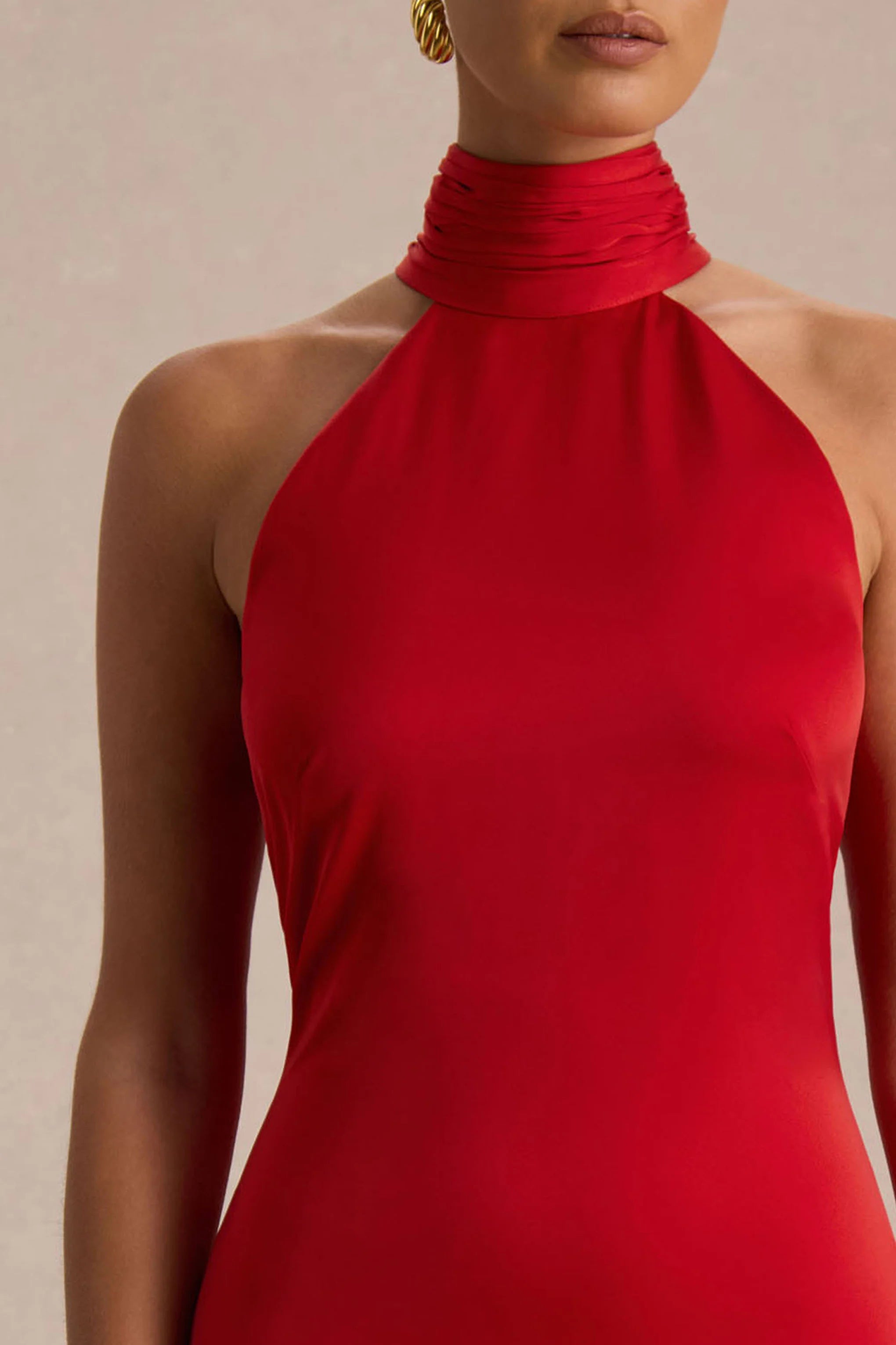Luscious Red High Neck Maxi Dress With Drop Waist And Bow Detail