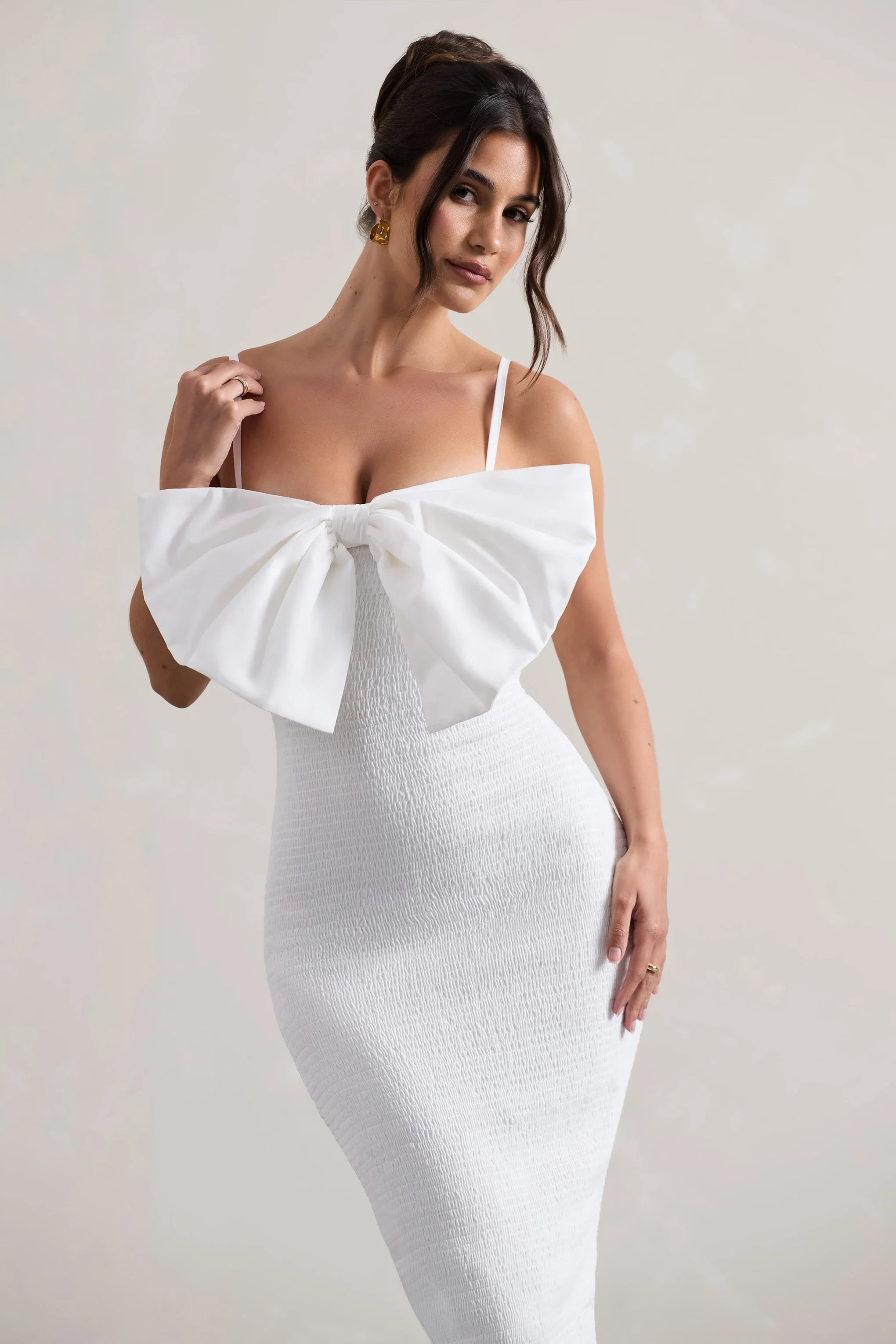 Love Poem White Bodycon Midi Dress With Oversized Bow