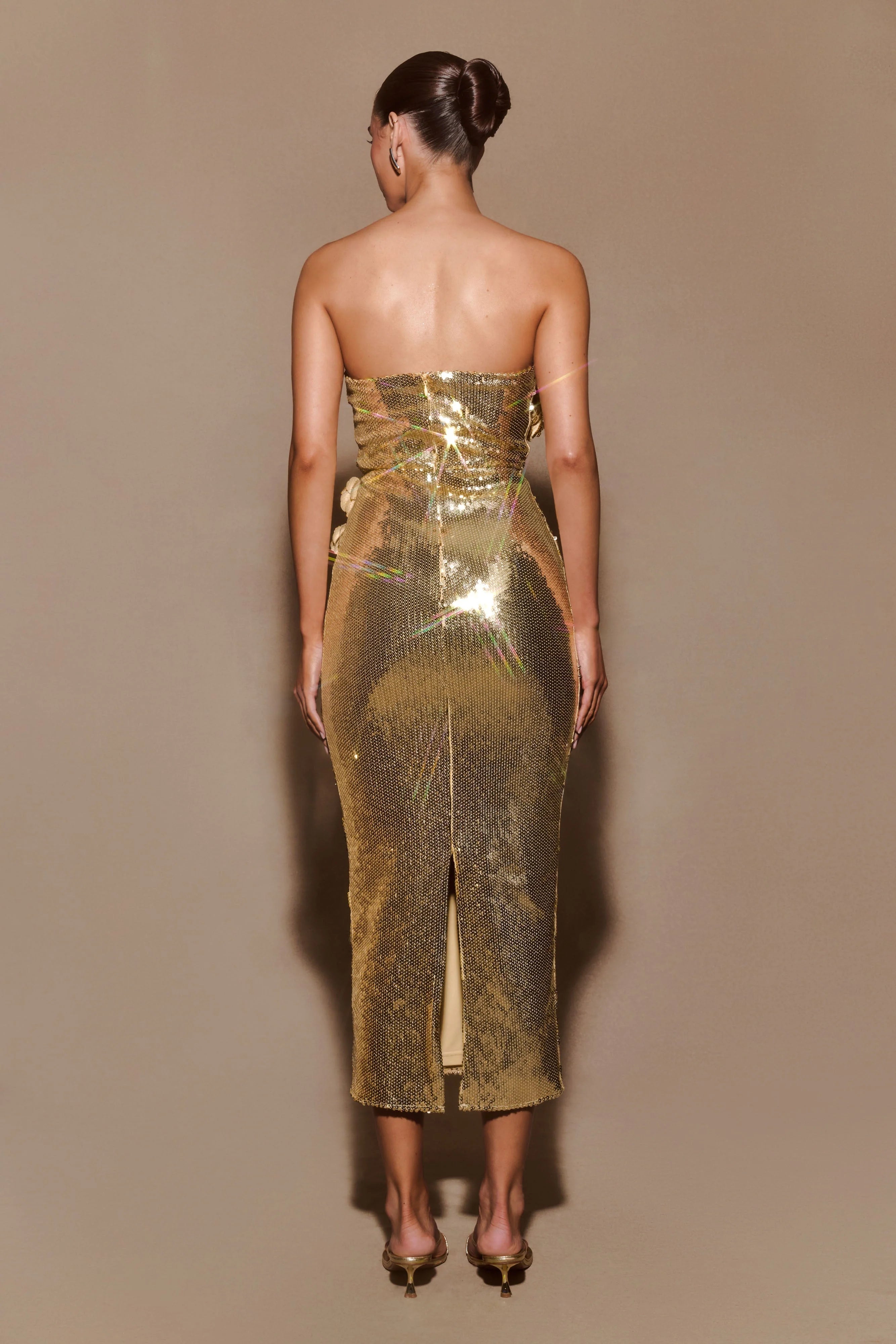 Cassia Strapless Sequin Rose Midi Dress Gold