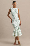 Priceless Green Porcelain Print Print High Neck Fishtail Midi Dress