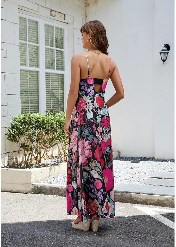 Women Boho Floral Maxi Dress Backless Spaghetti Strap A Line Flowy Summer Vacation Long Dress