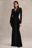 Halima Black Velvet Plunge Neck Maxi Dress With Gathered Detailing