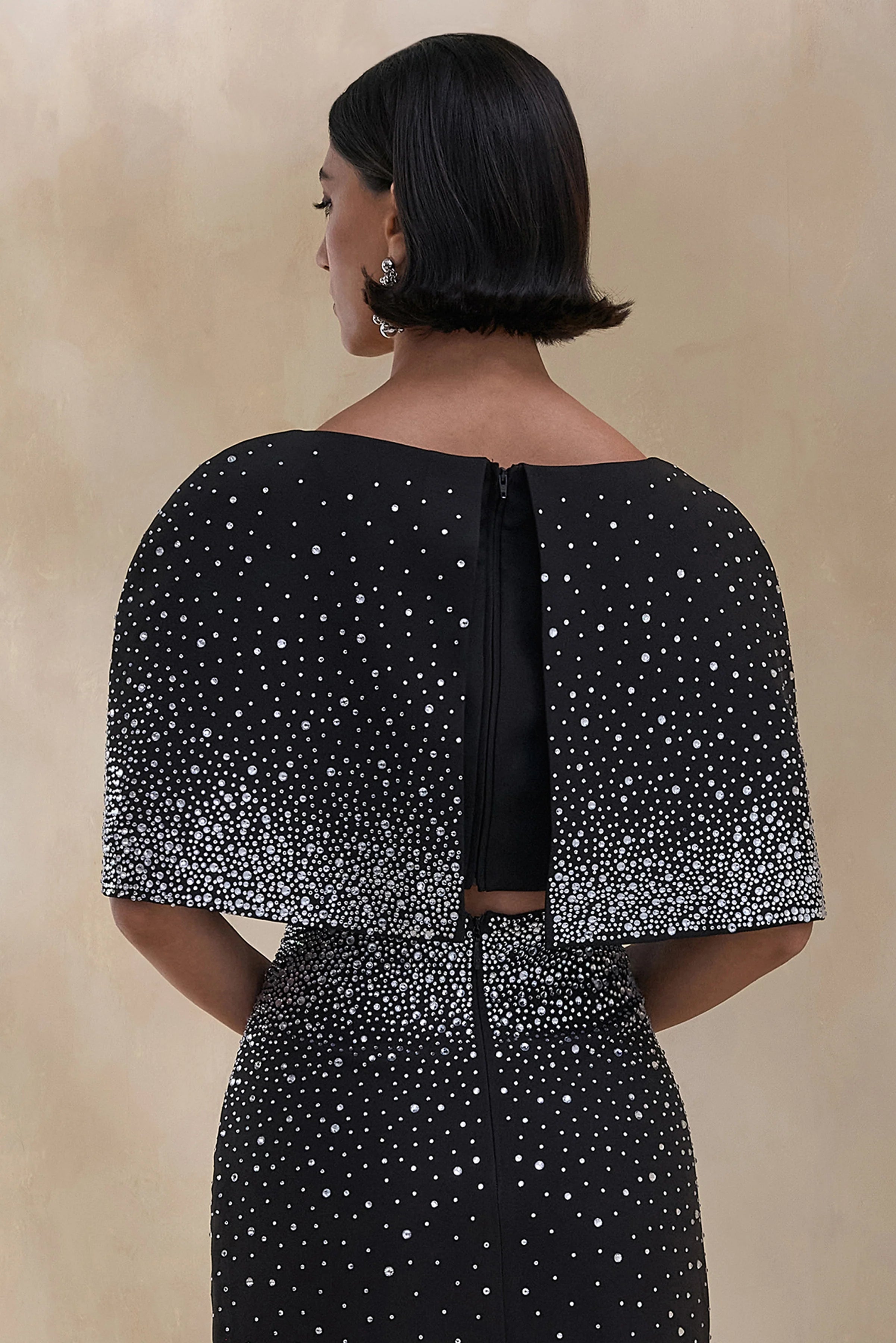 Luxy Black Embellished Boat Neck Crop Top With Cape Sleeves