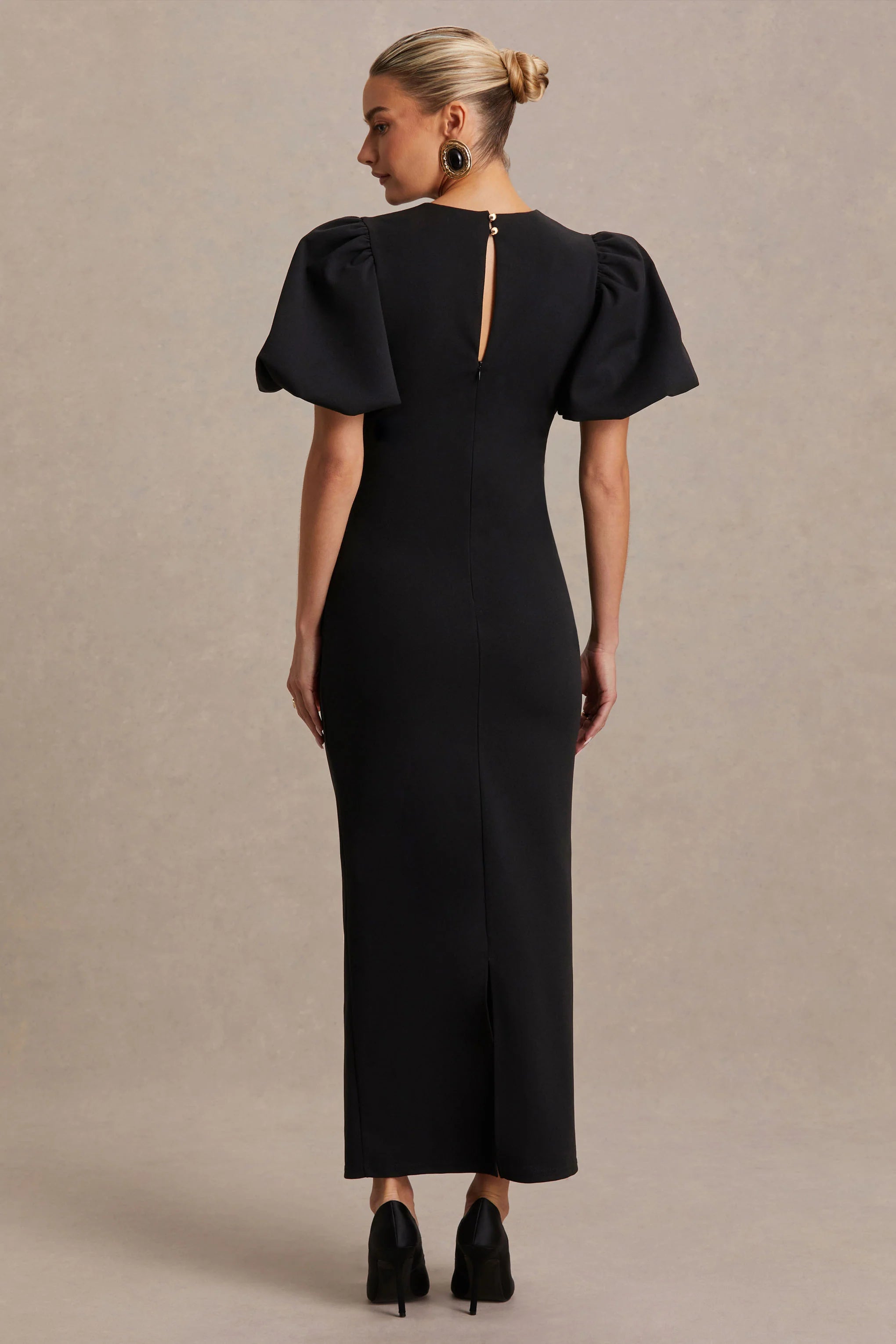 Luna Black Crew Neck Maternity Midi Dress With Puff Sleeves