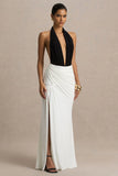 Tilly Black And White Extreme Plunge Neck Maxi Dress With Wrap And Ruched Details