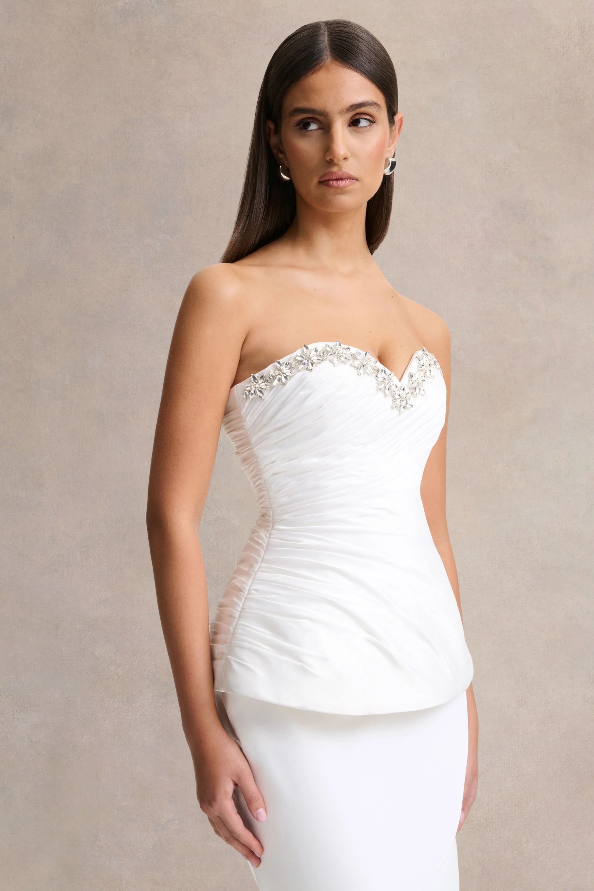 Ambria White Satin Hand Embellished Sweetheart Neck Corset Top