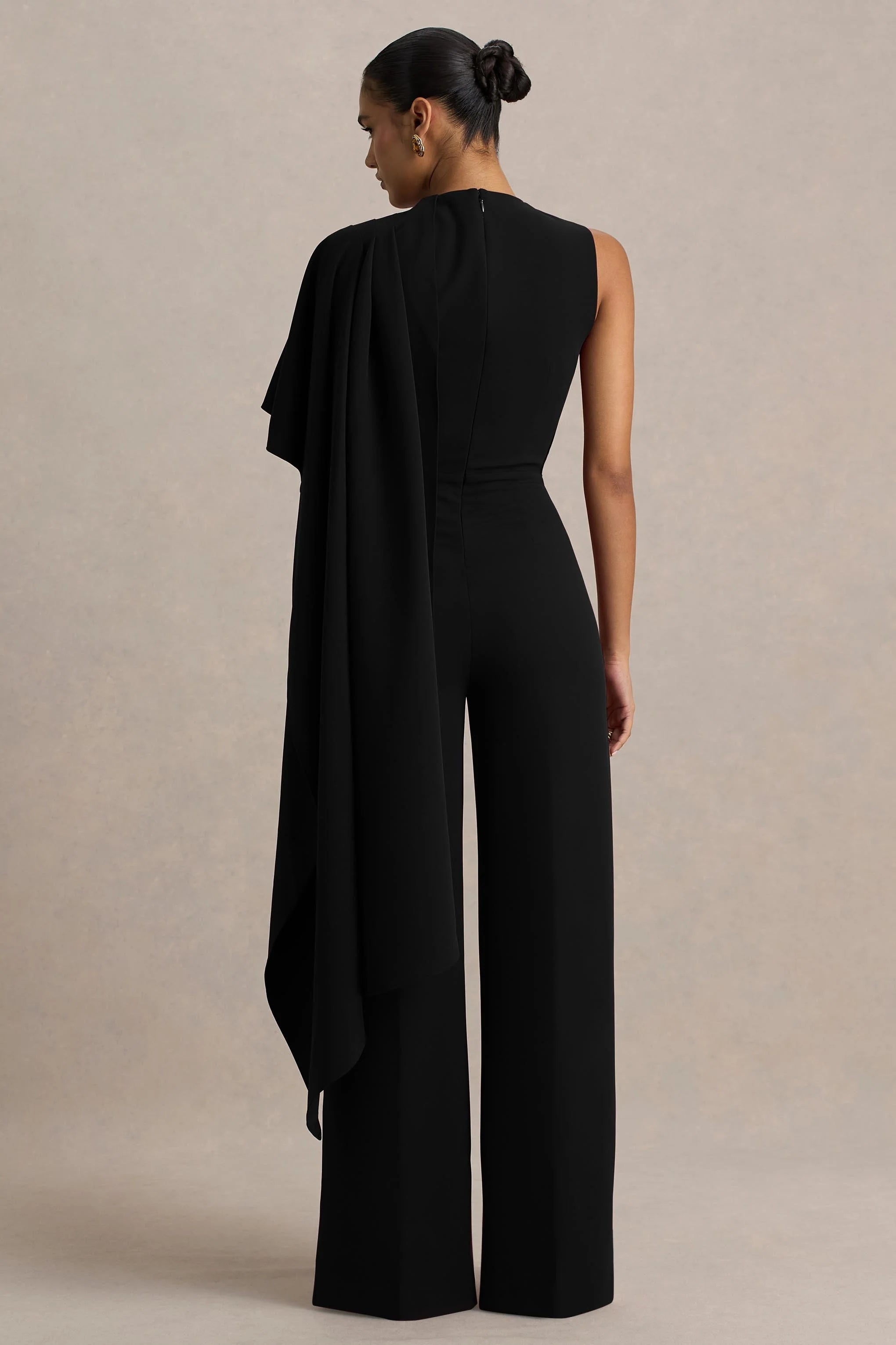 Sorenia Black High Neck Jumpsuit With One Cape Sleeve