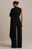 Sorenia Black High Neck Jumpsuit With One Cape Sleeve