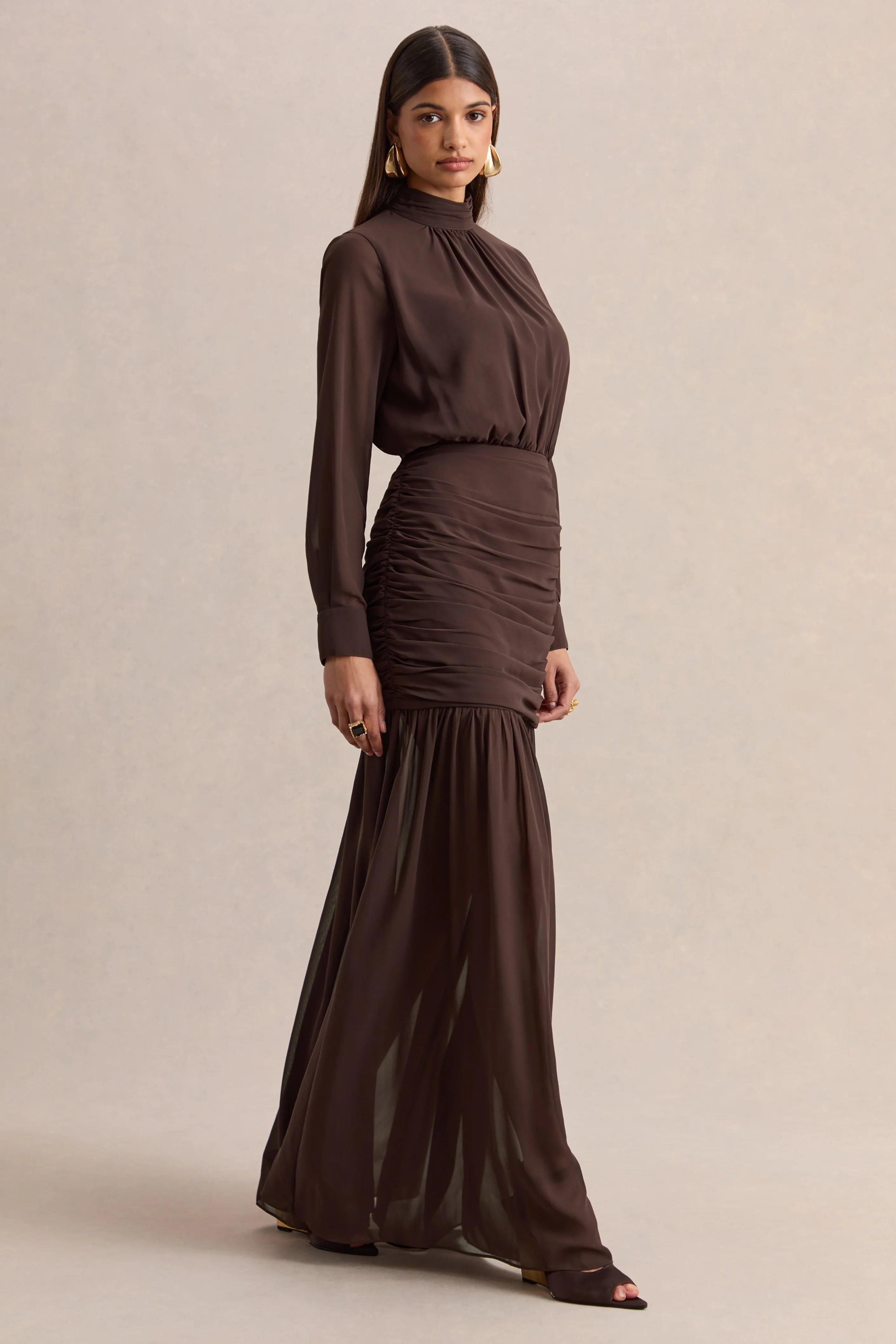 Zella Brown High Neck Maxi Dress With Sheer Skirt