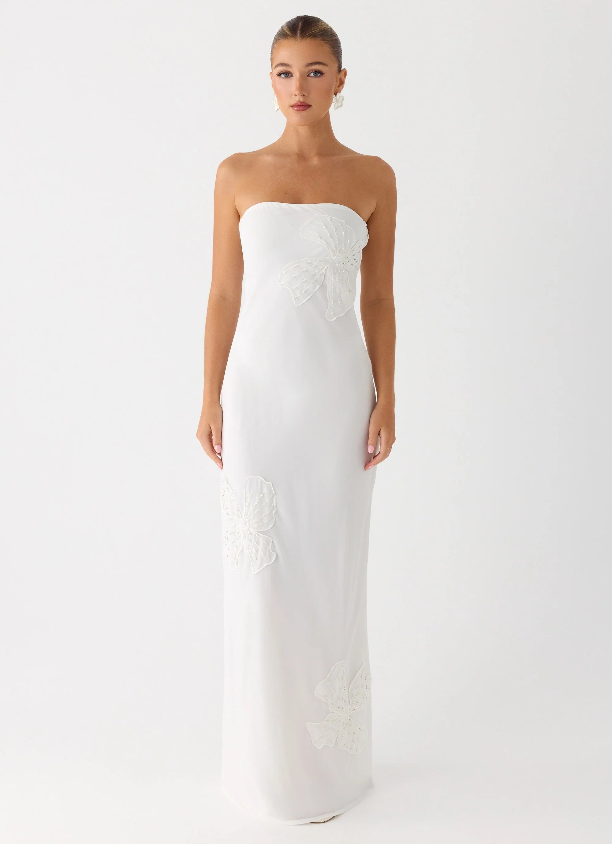 Sassafras Beaded Flower Strapless Maxi Dress White