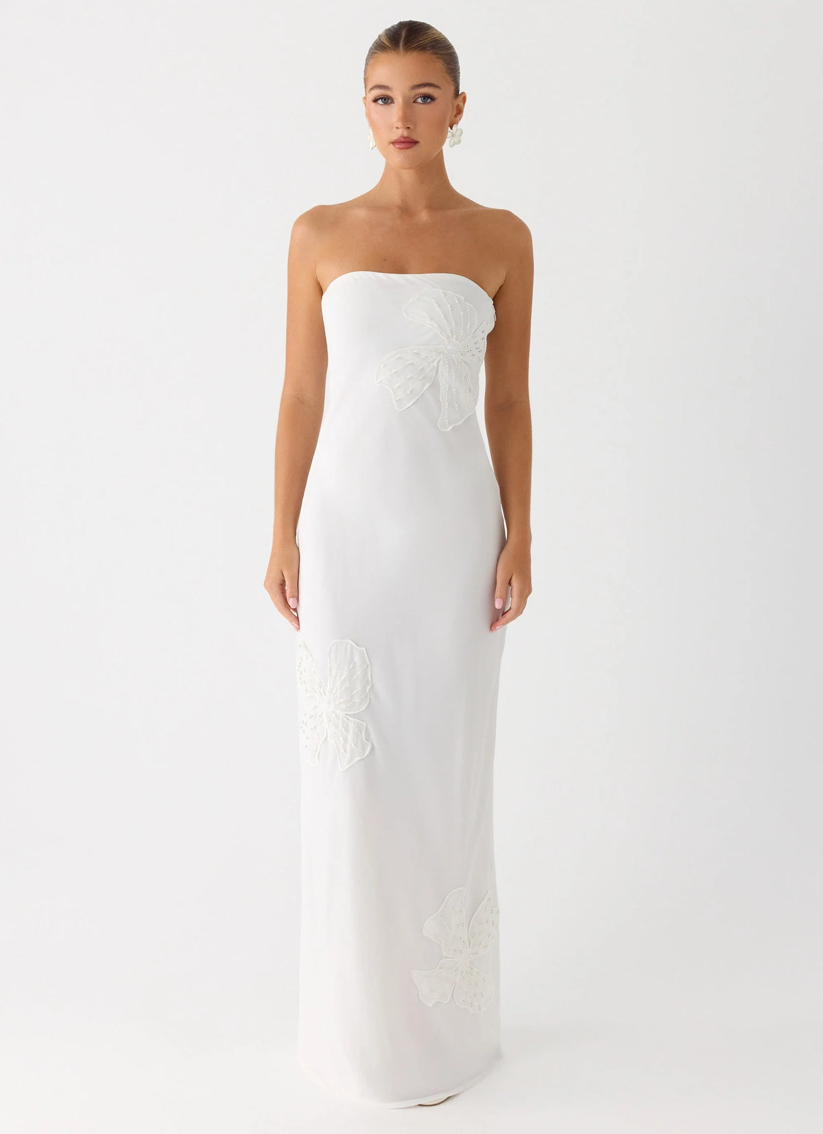 Sassafras Beaded Flower Strapless Maxi Dress White
