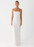 Sassafras Beaded Flower Strapless Maxi Dress White
