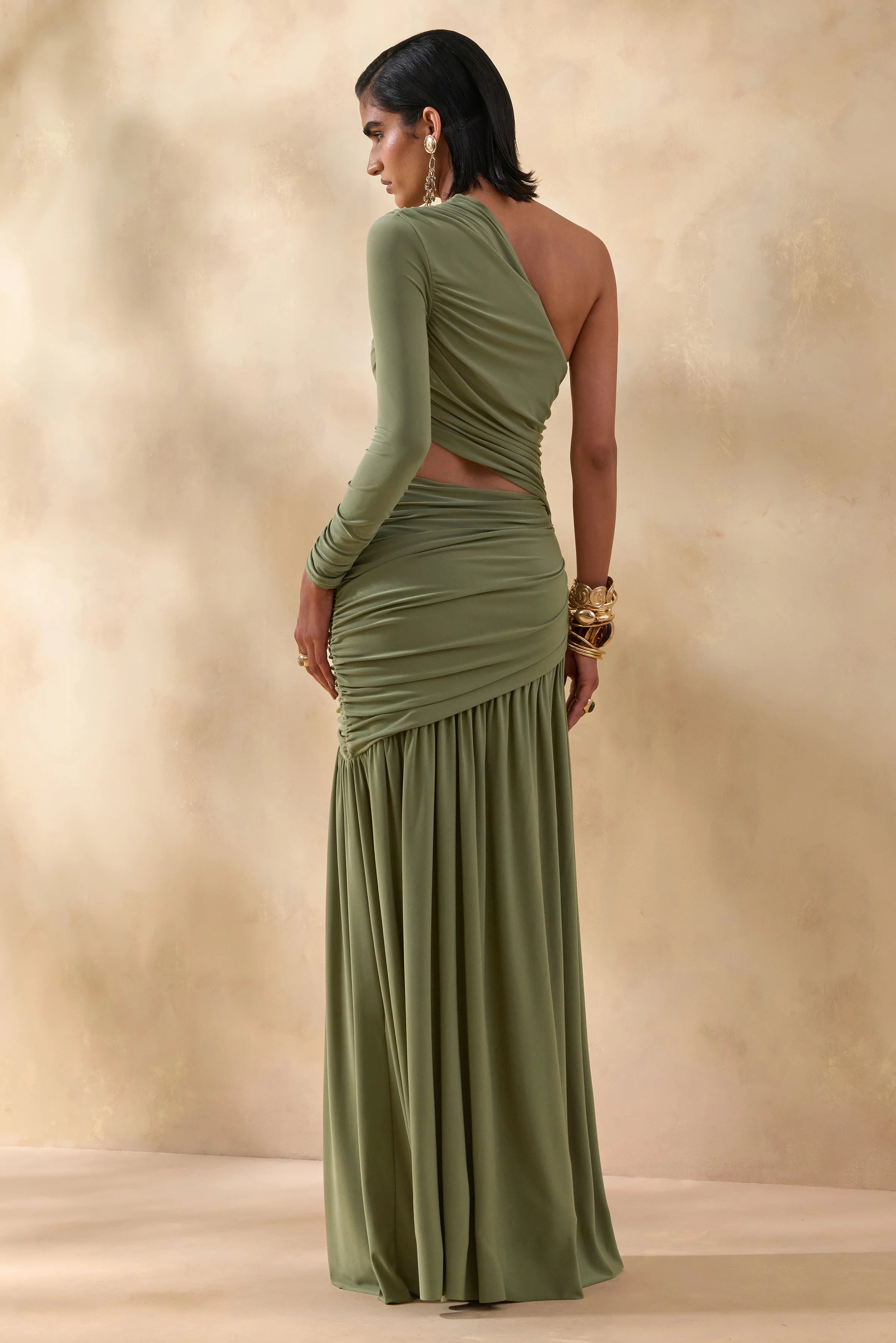 Kinsley Olive Asymmetric Neck Maxi Dress With Body Cut Out Detail