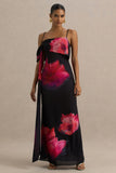Leonara Black And Pink Floral Print Cowl Neck Maxi Dress With One Sleeve