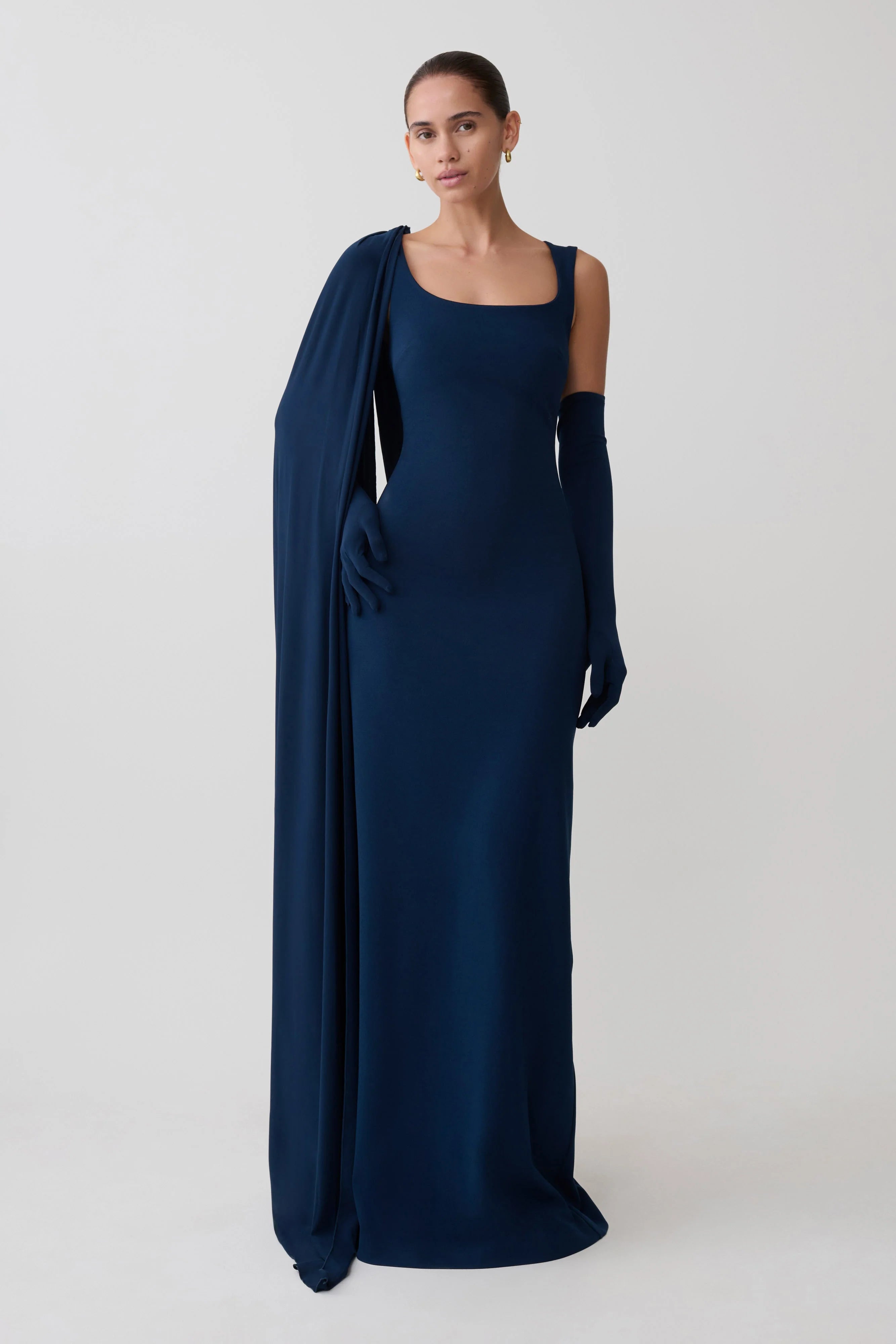 Rhea Detachable Cape Jersey Maxi Dress Navy