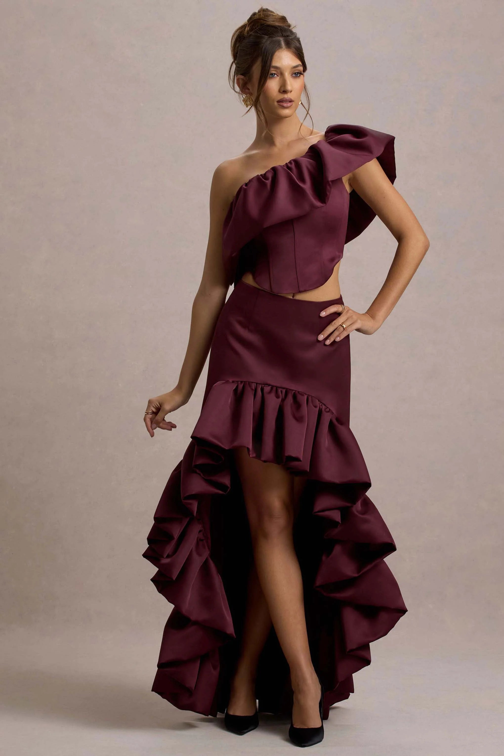 Ruby Merlot Satin High Low Maxi Skirt