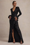 Wild Dream Black Sequin Plunge Neck Ruffle Split Maxi Dress