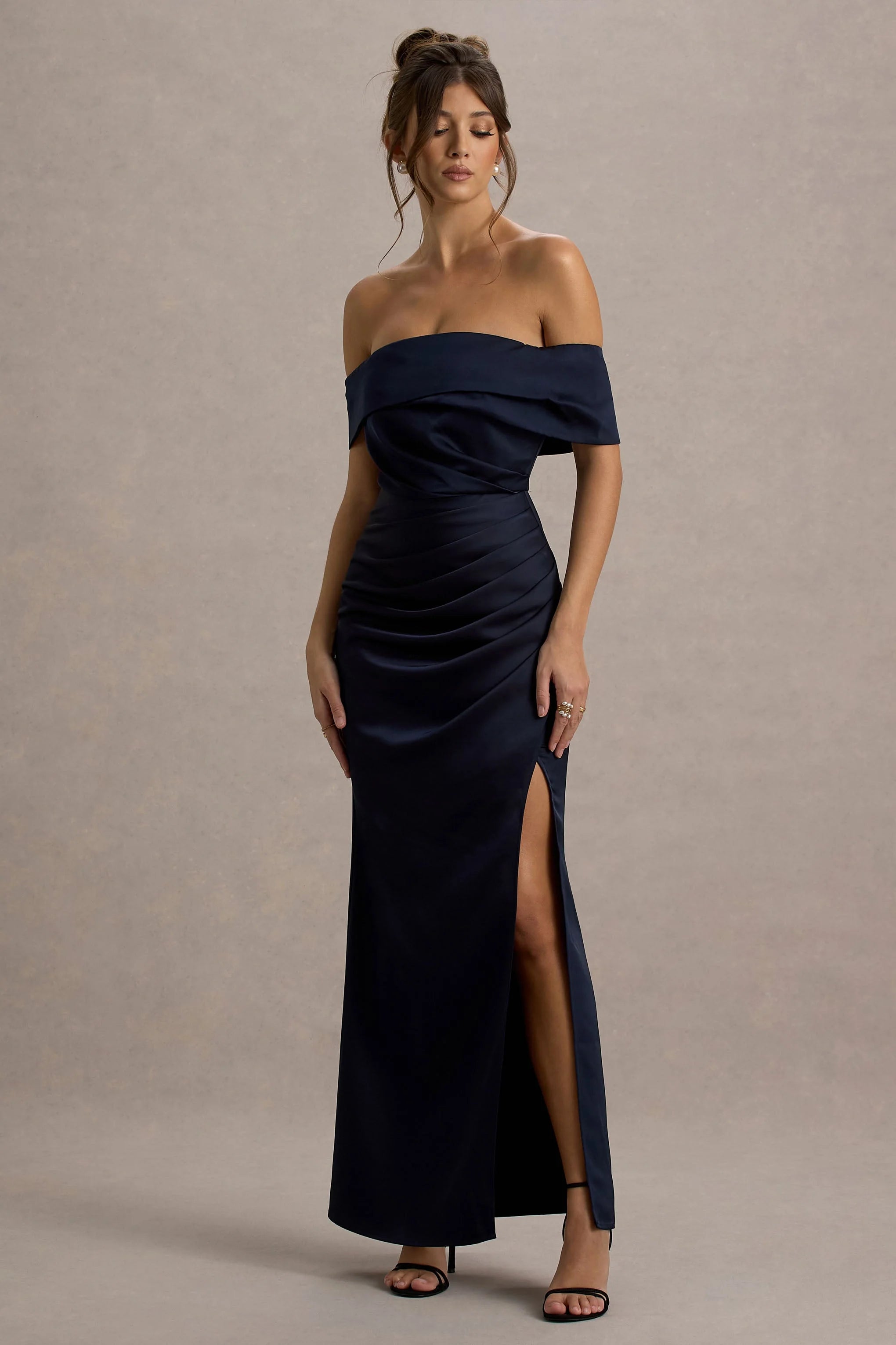 Martine Navy Satin Bardot Wrap Maxi Dress