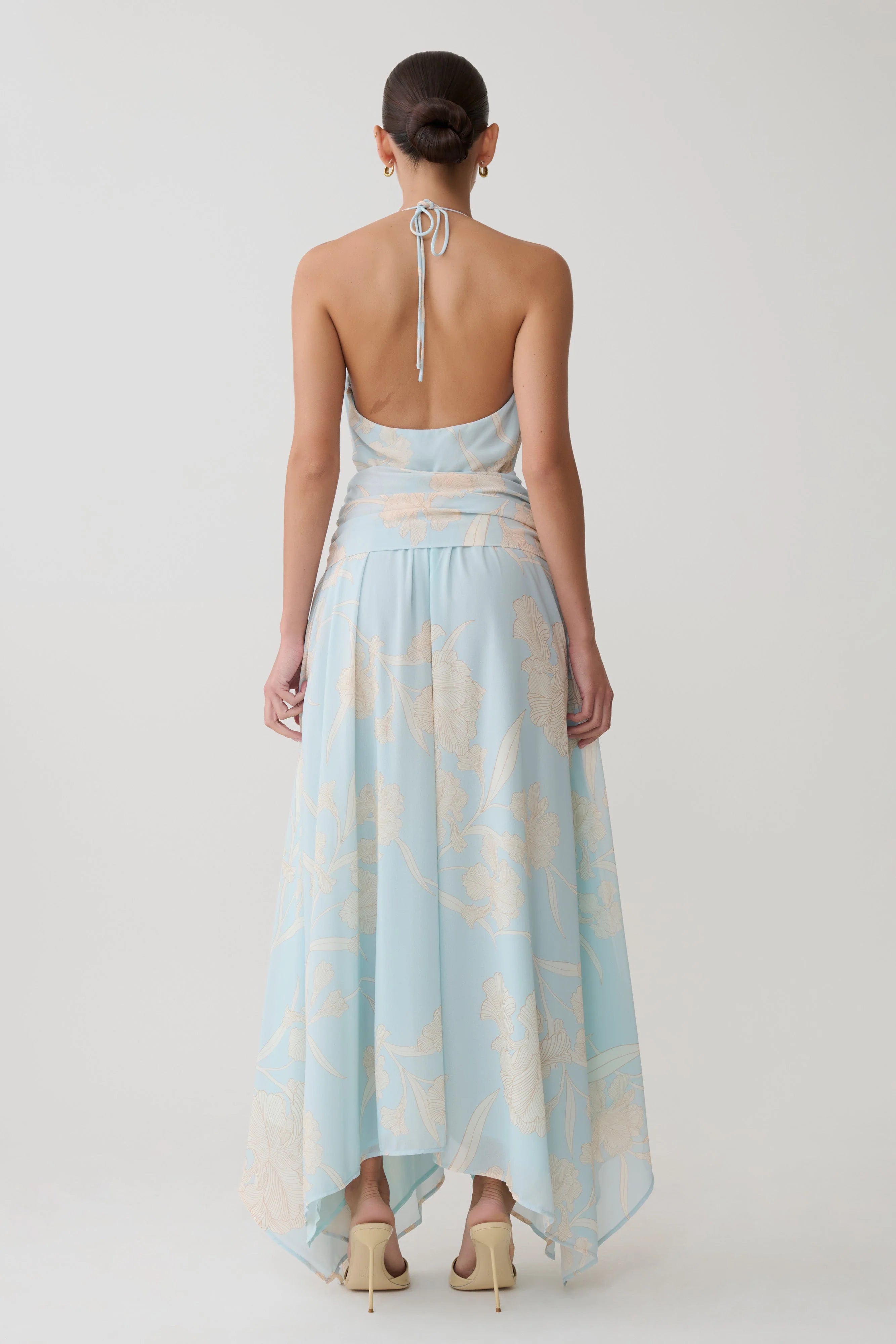 Cyra Plunge Chiffon Midi Dress Blue Floral Print
