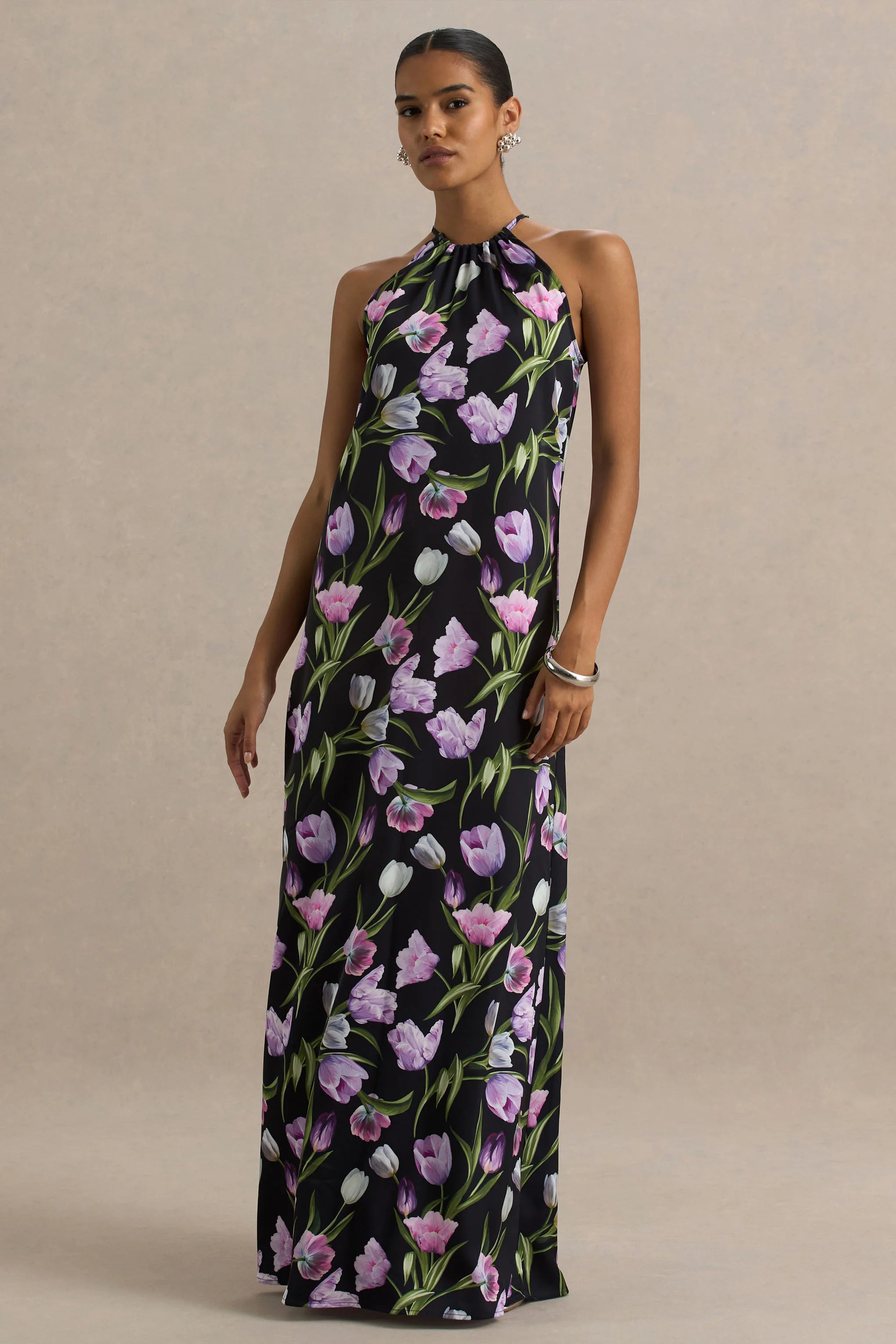 Svana Black Satin Floral Asymmetric Halter Neck Maxi Dress