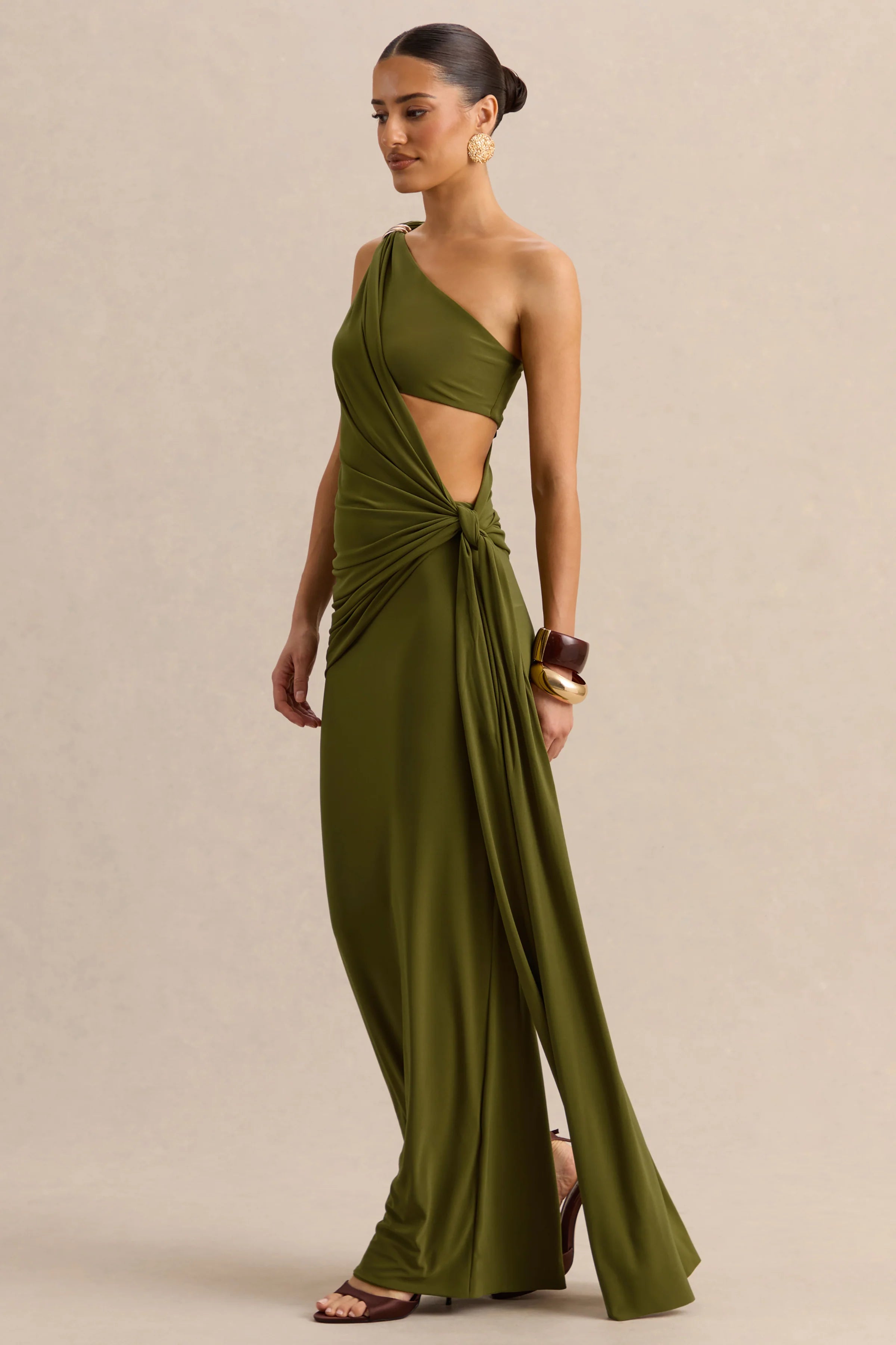 Clarosia Green Asymmetric Neck Maxi Dress With Cut Out With Sash