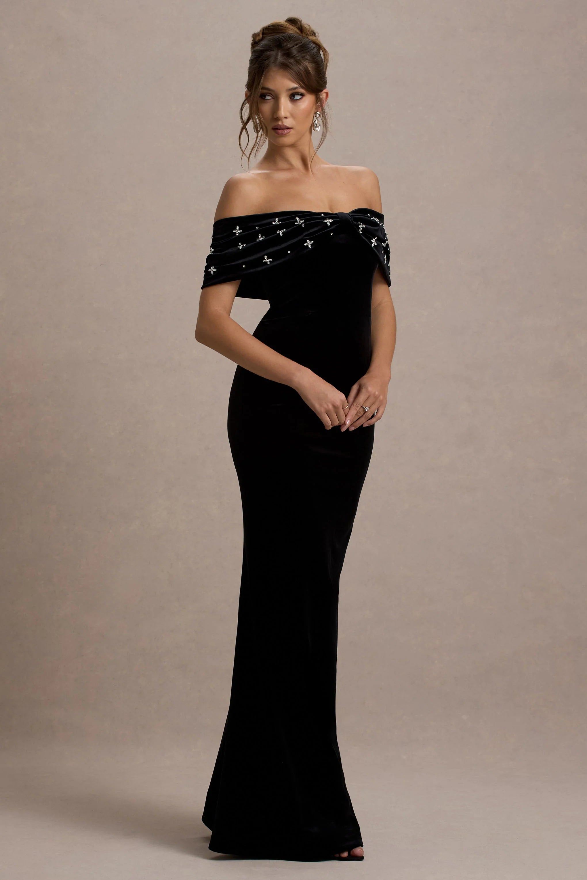 West End Black Velvet Embellished Bardot Maxi Dress