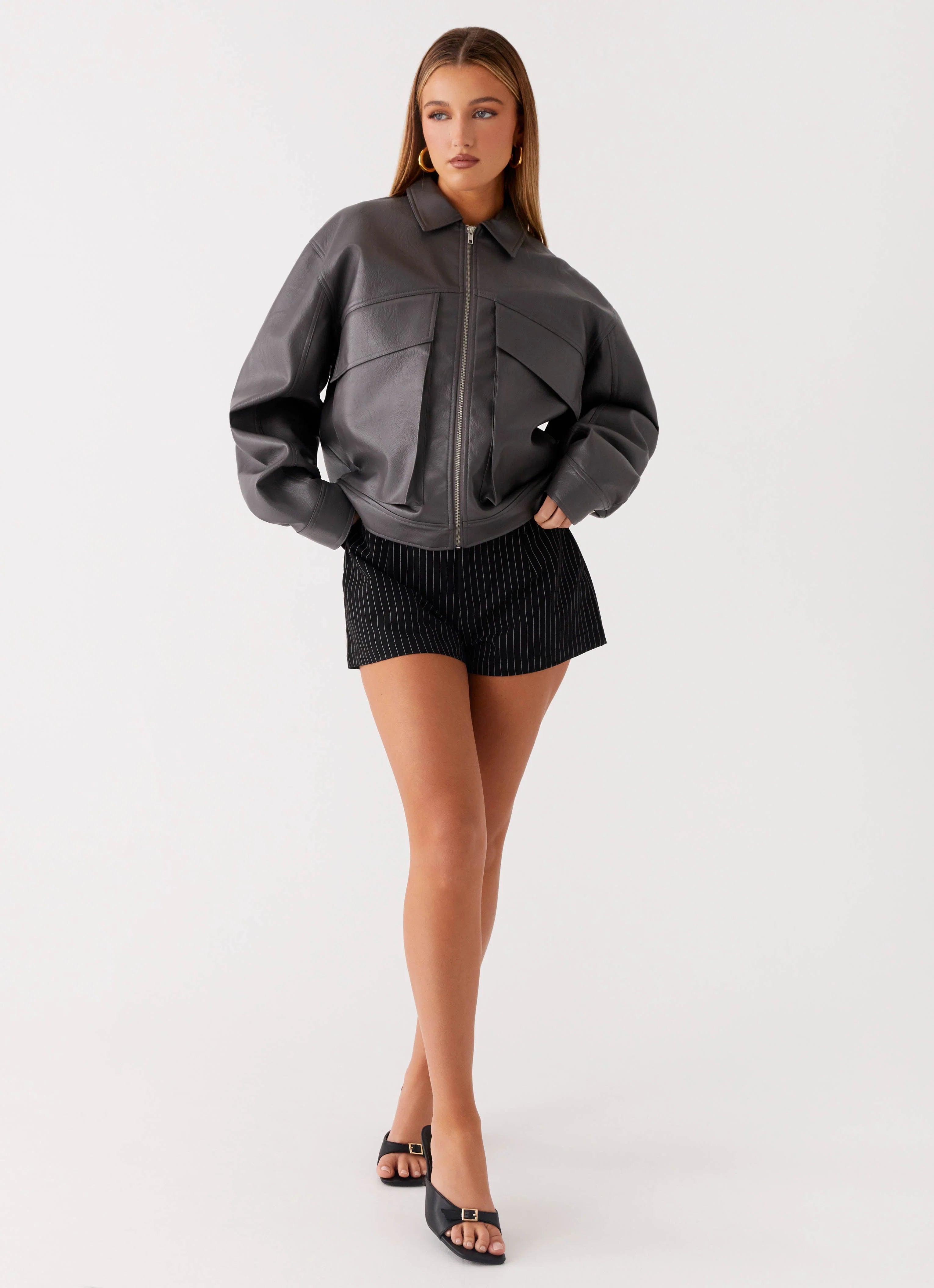 Lula Faux Leather Bomber Jacket Charcoal