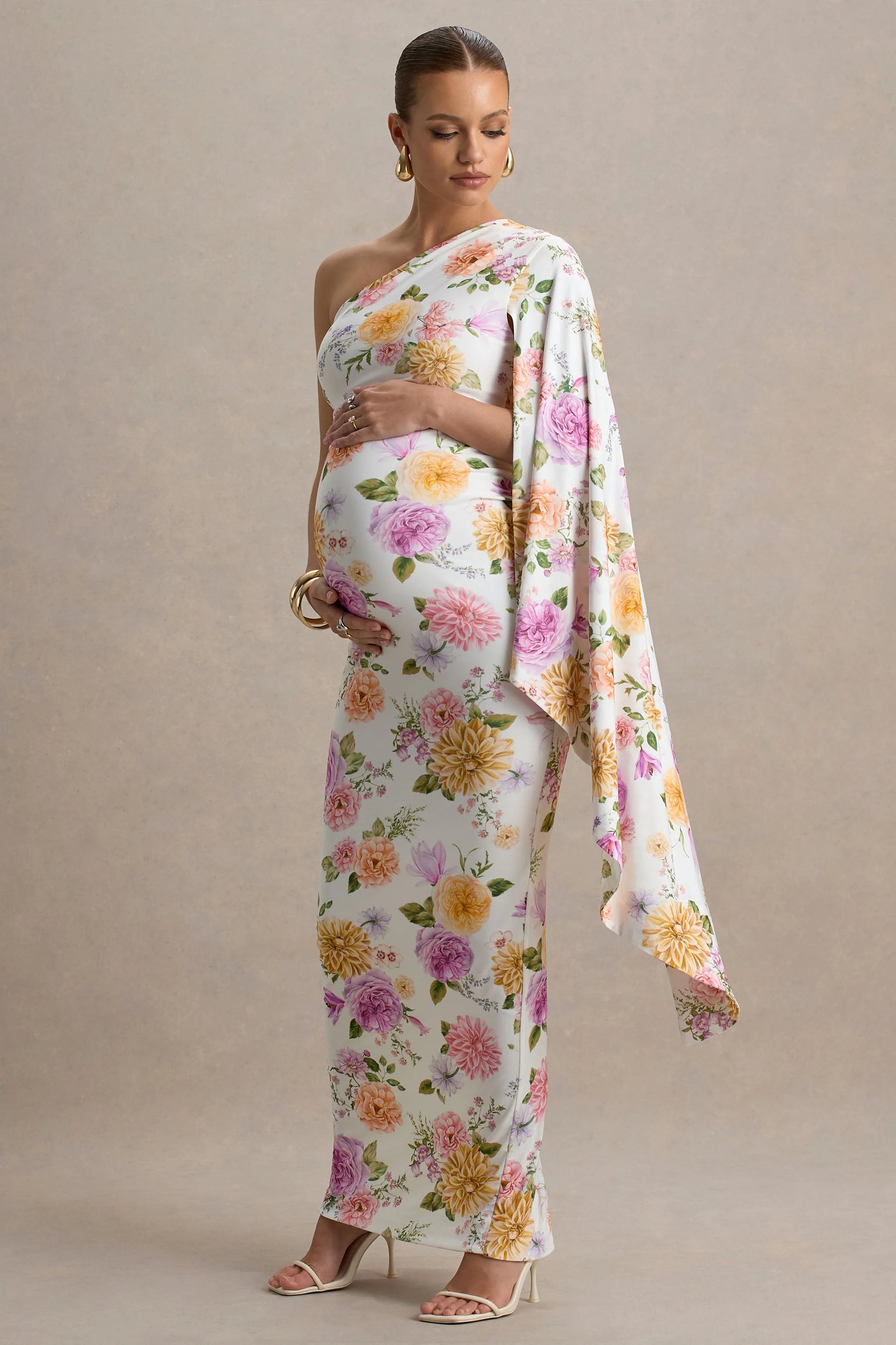 Aliana Peach And Lilac Floral Print Asymmetric Maternity Maxi Dress With Ruched Detailing