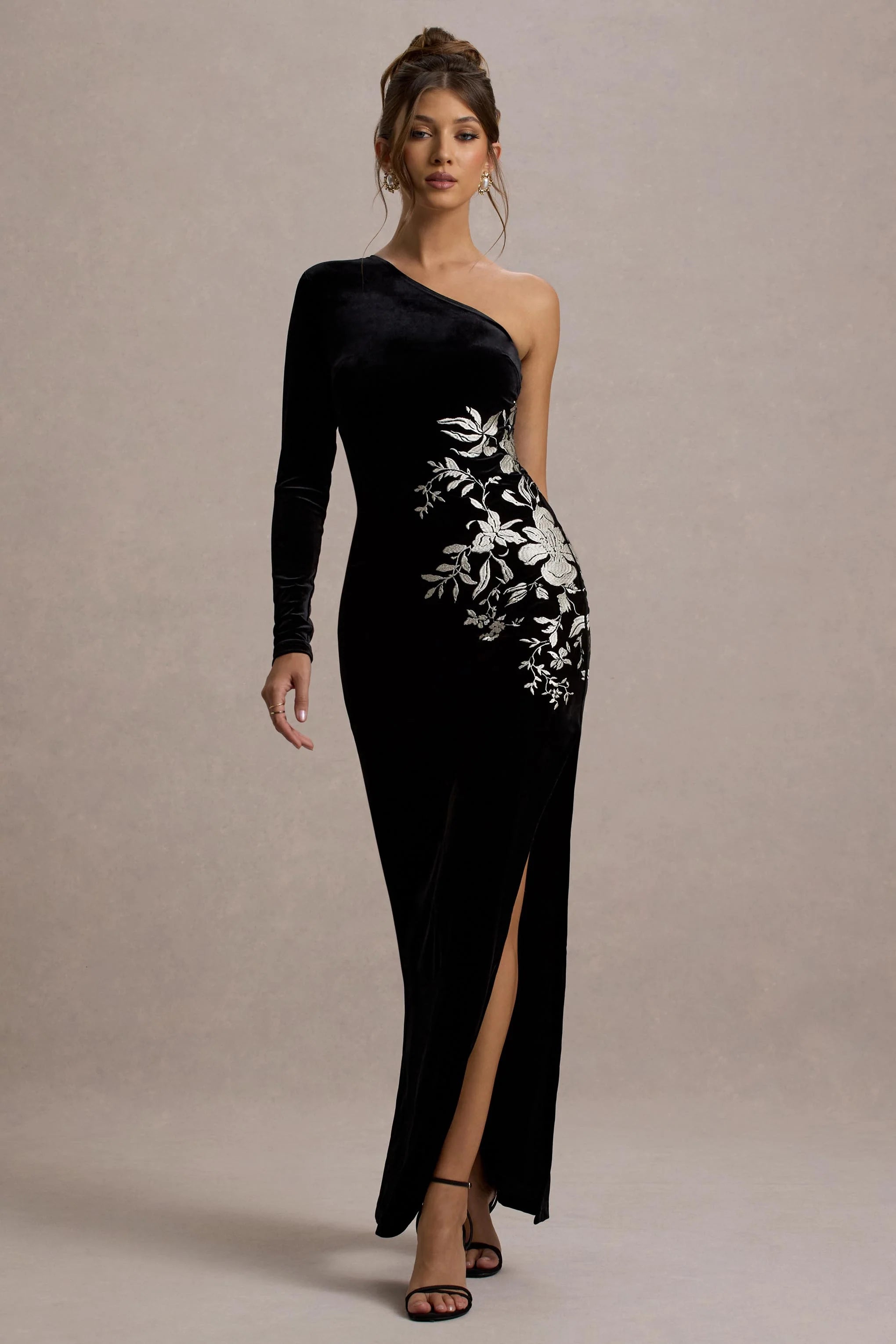 Chance Black Embroidered Velvet One Sleeve Maxi Dress