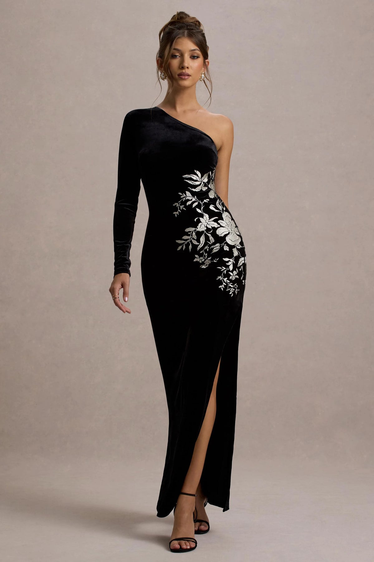 Chance Black Embroidered Velvet One Sleeve Maxi Dress