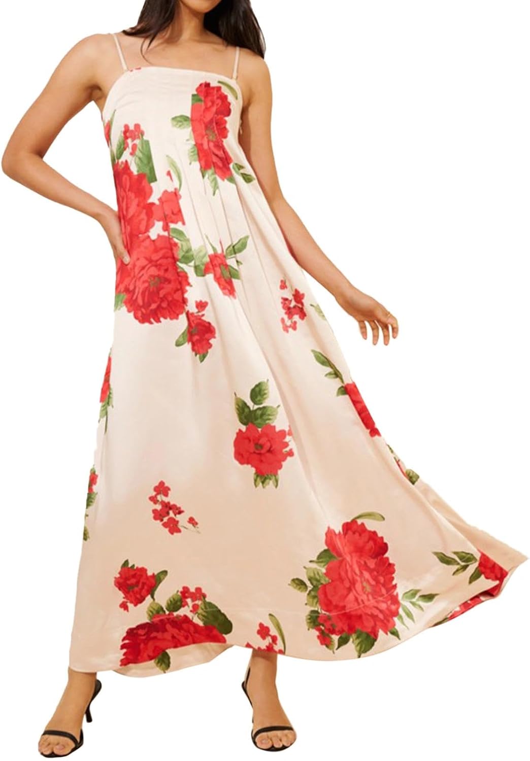 Women Boho Floral Maxi Dress Backless Spaghetti Strap A Line Flowy Summer Vacation Long Dress