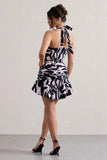 Zahra Zebra Print Halter Neck Ruched Mini Dress With Ruffle Hem