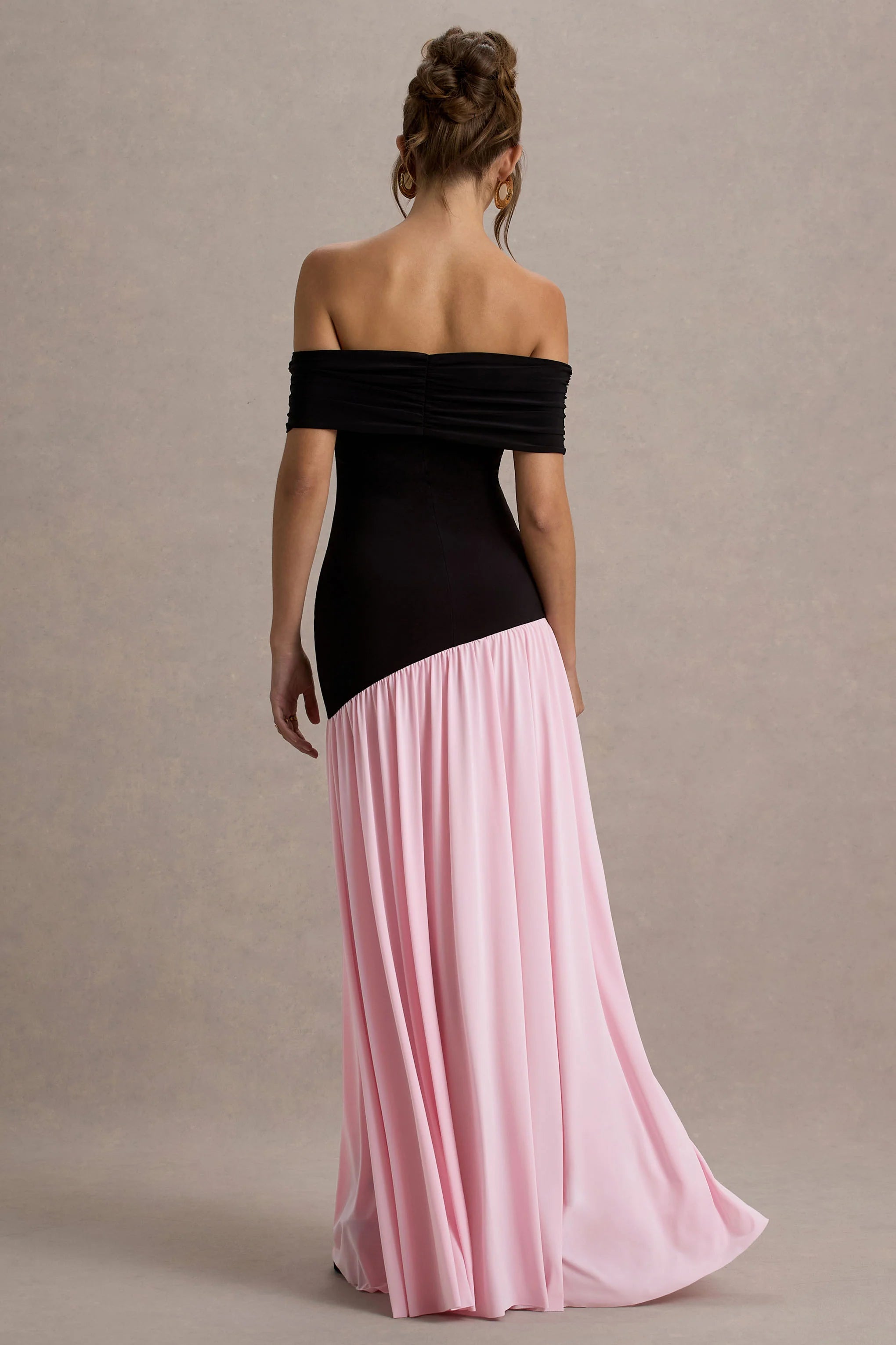 Venezia Black Pink Bardot Maxi Dress With Drop Waist