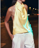 Women Halter Top Cowl Neck Backless Satin Silk Tank Tops Elegant Going Out Clubwear