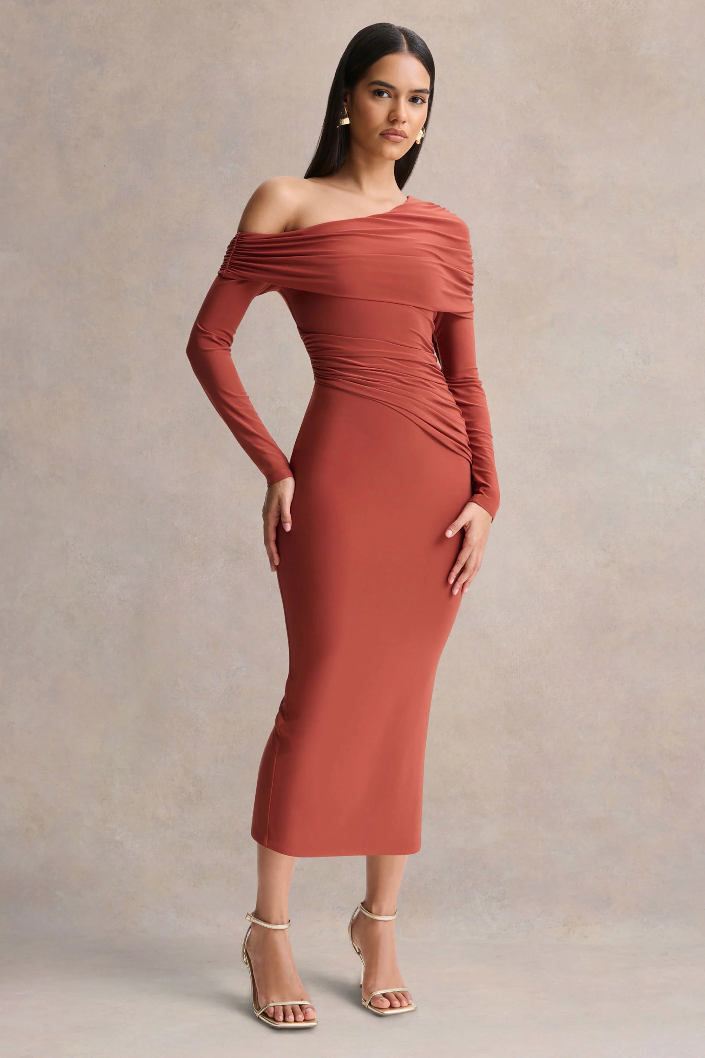 Elliora Rust Asymmetric Neck Midi Dress