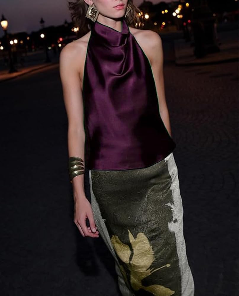 Women Halter Top Cowl Neck Backless Satin Silk Tank Tops Elegant Going Out Clubwear