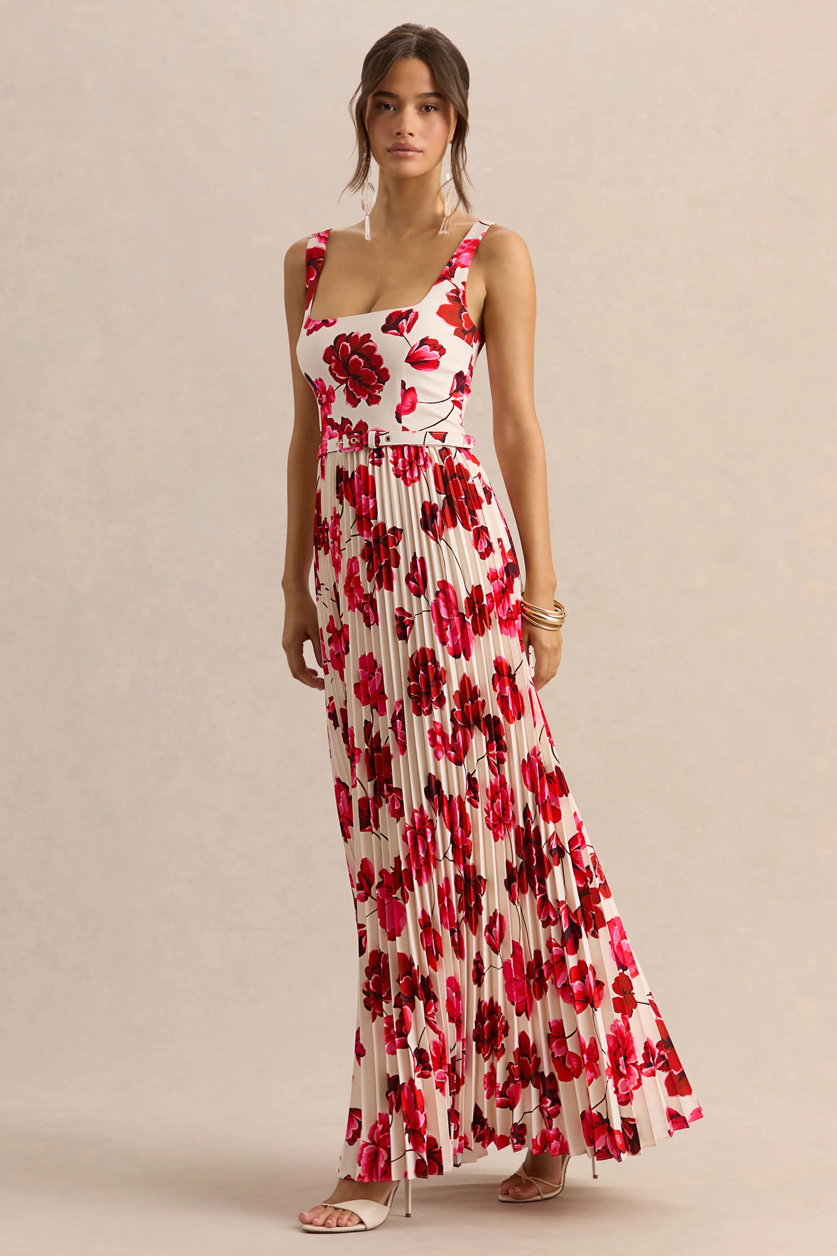 Danika Hot Pink Floral Print Square Neck Belted Maxi Dress With Pleated Skirt