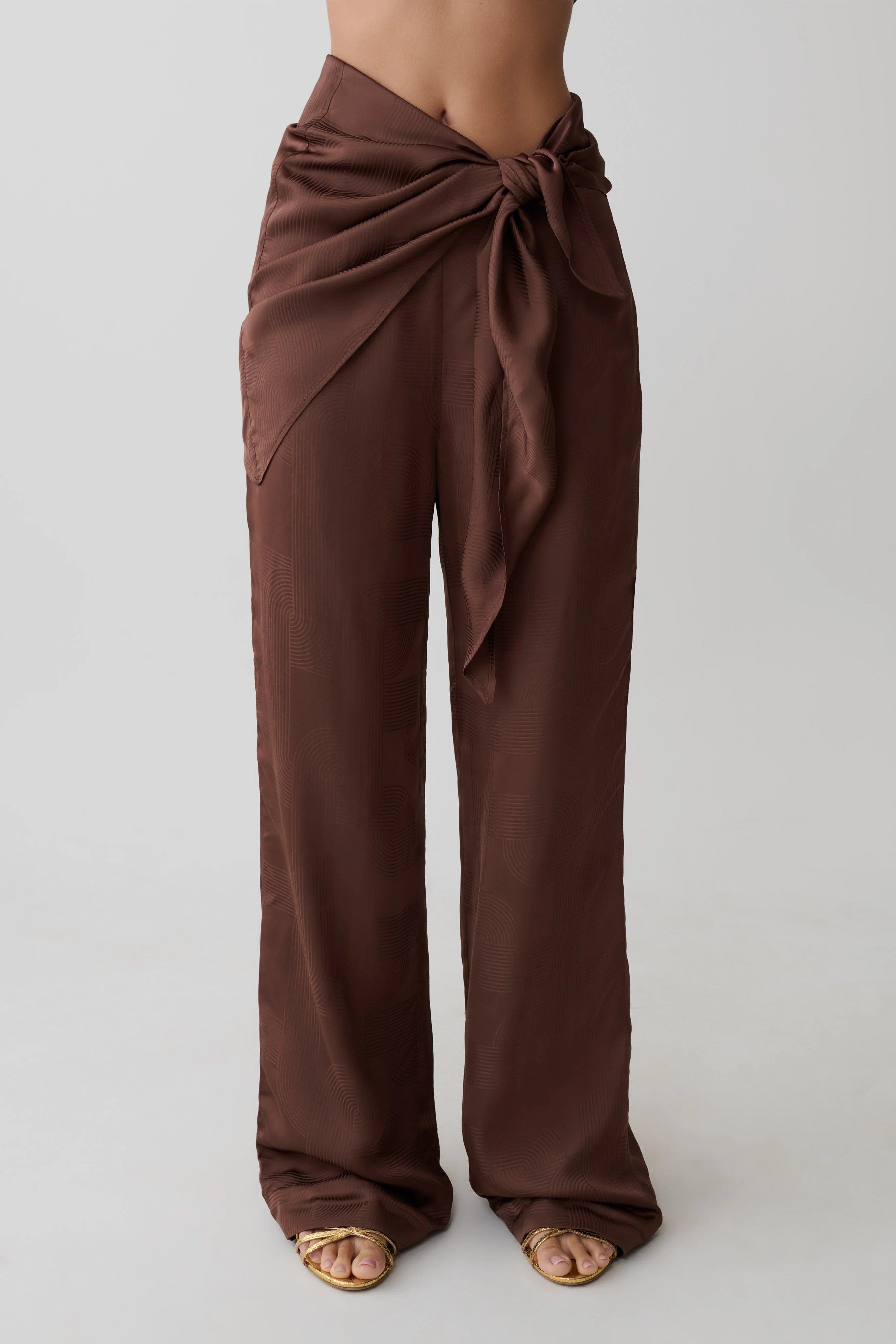 Gia Wrapped Tie Satin Pants Chocolate