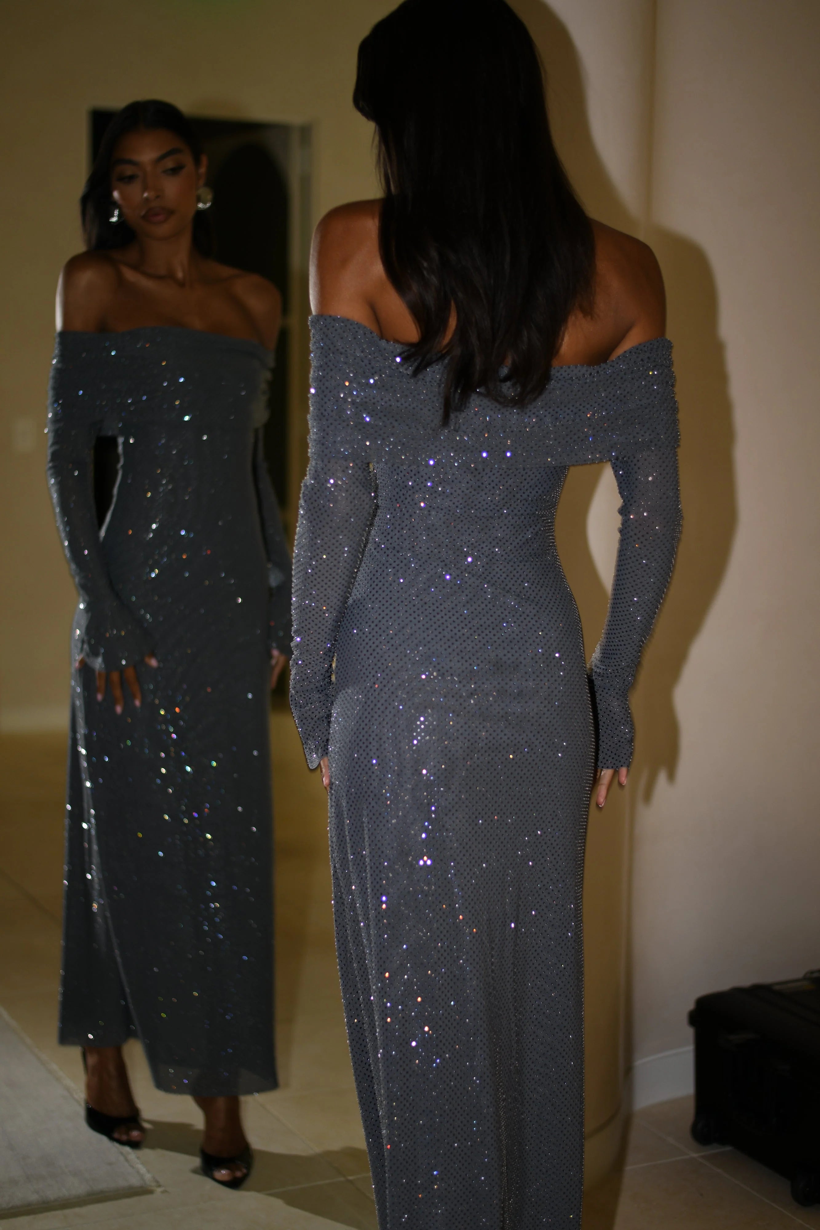 Marcel Off Shoulder Diamante Maxi Dress Gunmetal