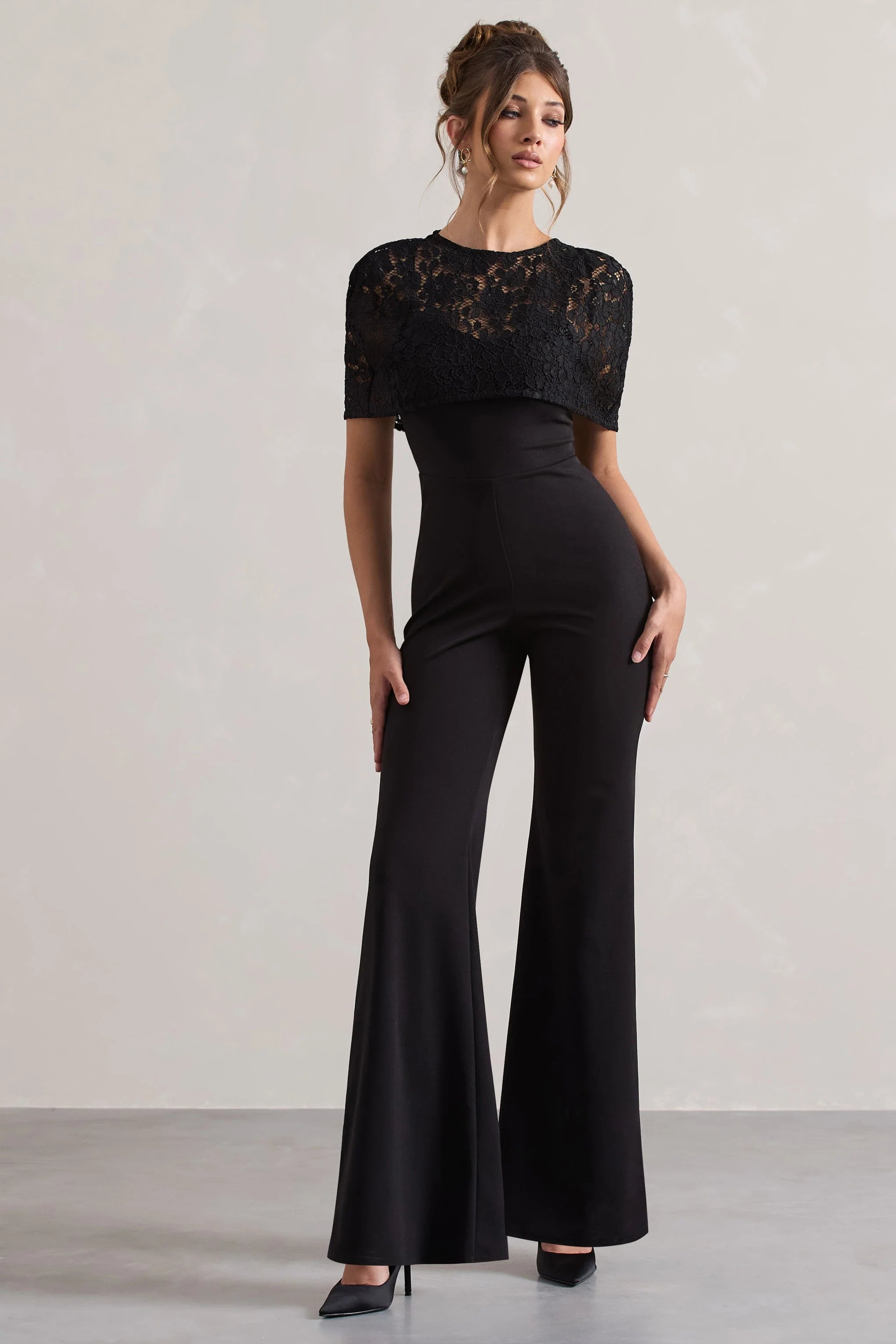 Endless Black Flared Leg Jumpsuit With Lace Overlay