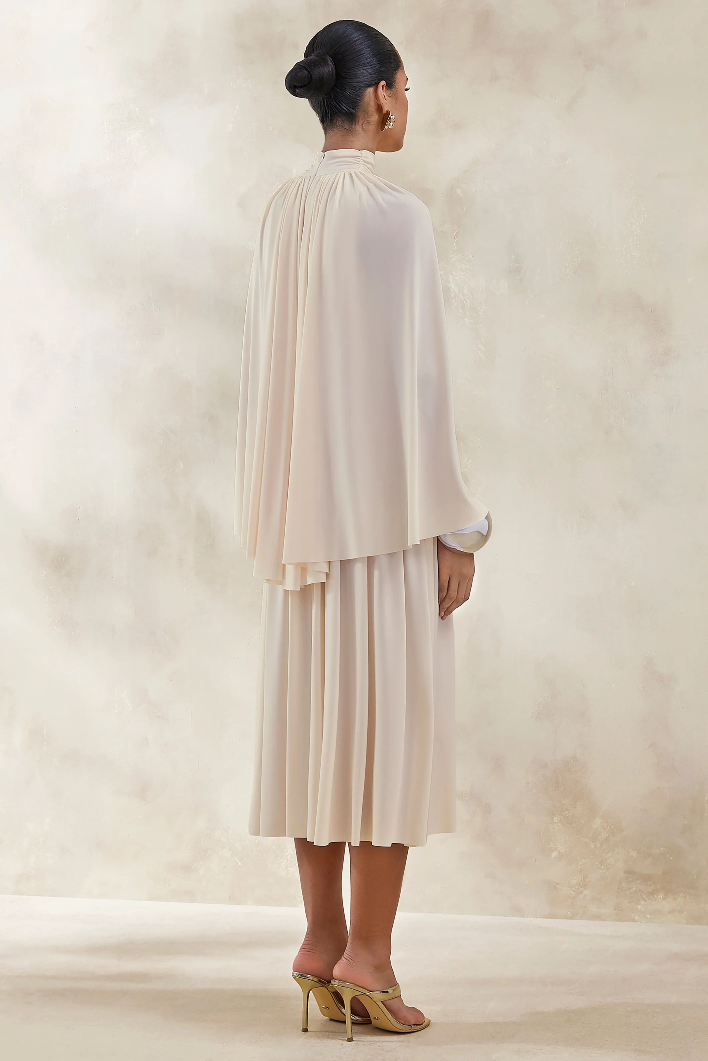 Honora Cream High Neck Midi Dress With Cape Sleeves