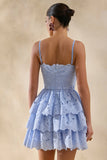 Winona Powder Blue Lace Square Neck Mini Dress With Ruffled Detailing